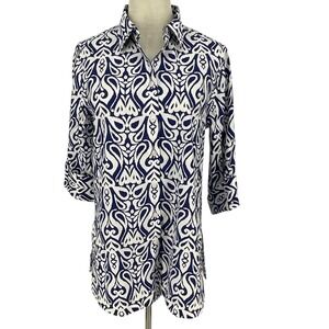 Chicos‎ Paisley Button Up Business Casual Shirt 3/4 Sleeve Blue White O.5 US 6